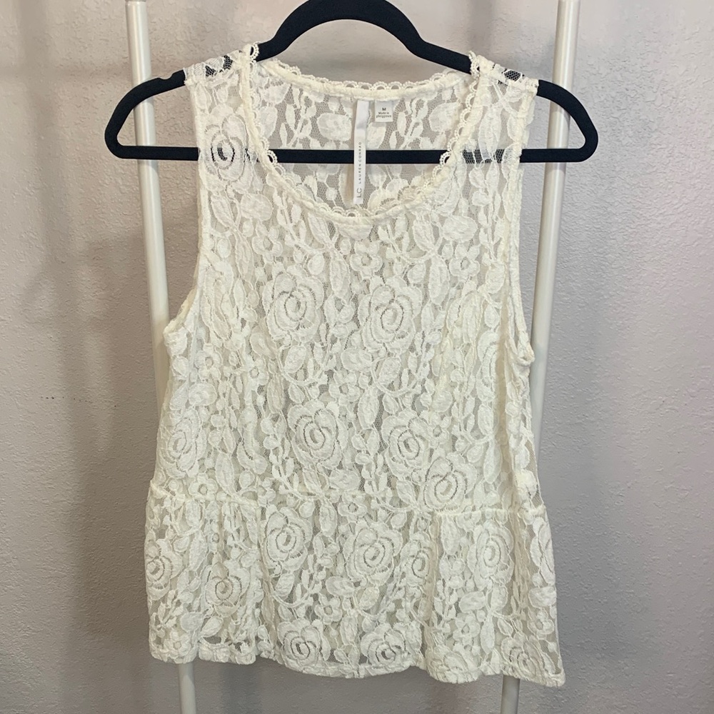 LC Lauren Conrad Ivory Lace Peplum Blouse‎
